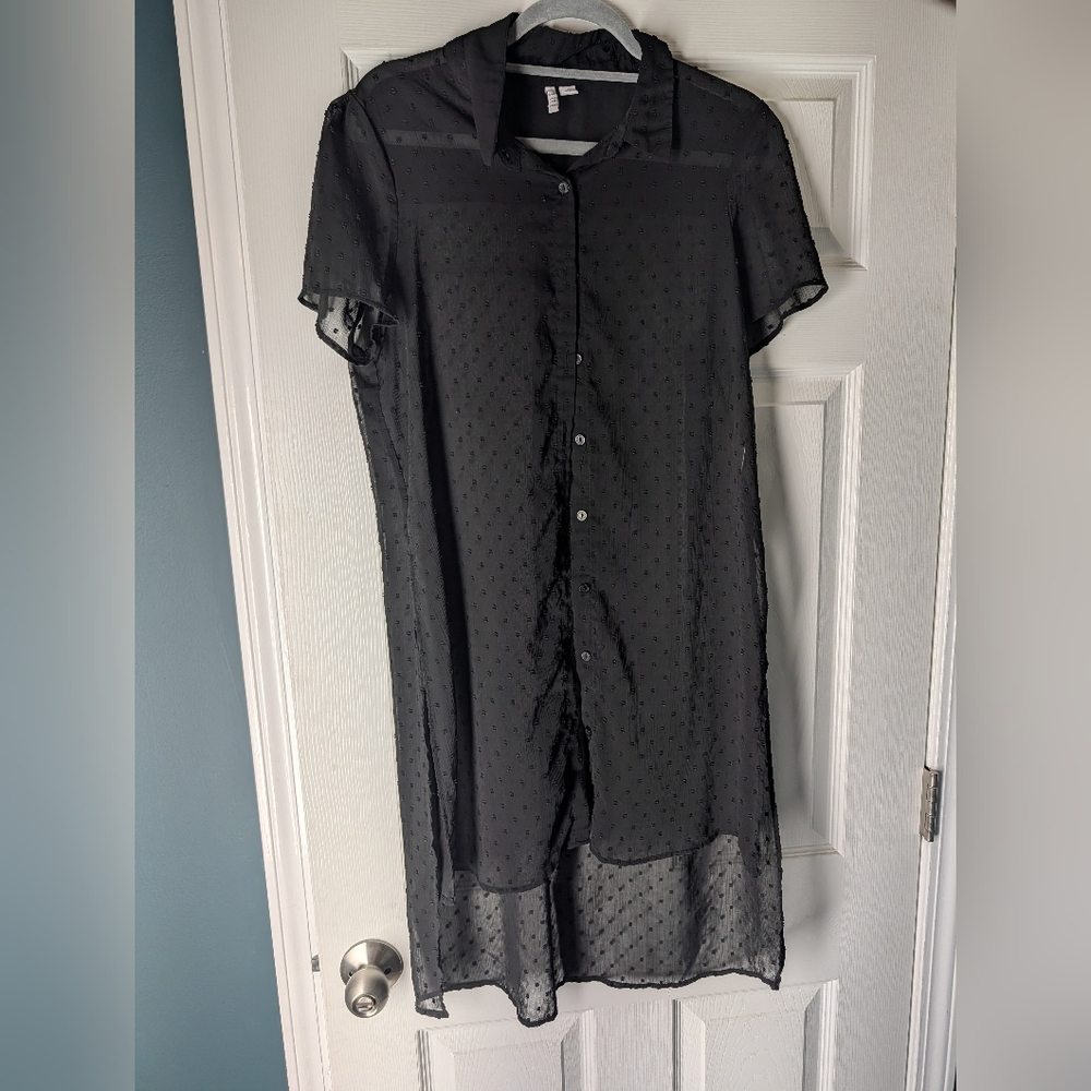Elle Sheer Black Button Down Shirt Polka Dot Textured Festival Layering Top